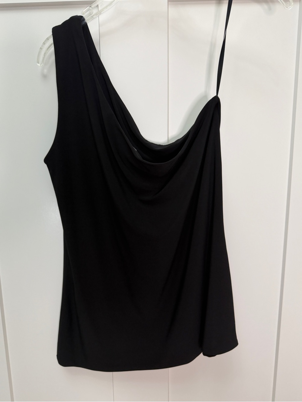 White House Black Market Asymmetrical Black One-Shoulder Drape Top - Picture 5 of 5